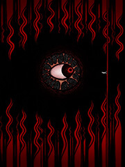 The empty city of Carcosa is mirrored upon the earth and sky, stone spires wavering through the blackness. A lone figure crosses a bridge between the two halves, walking up into the heavens, while a disembodied eye watches in silence.