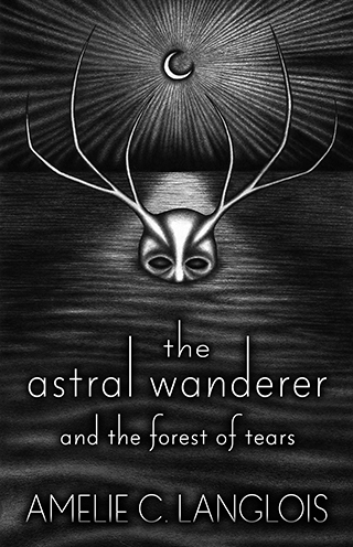 An antlered man is partly submerged beneath the waves of a limitless ocean, his mouth obscured within the depths as his black eyes watch intently. Behind him, a crescent moon glows upon the night sky.