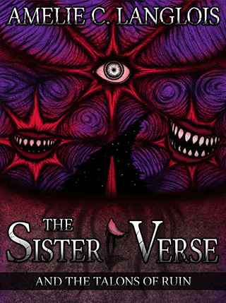 A lone figure stands upon an endless desert, their cloak blowing back in the wind. In the sky above, violet clouds swirl chaotically around three crimson stars, their texture so otherworldly that it almost appears organic. Within the highest star, a lone eye gazes intently, while inside the lower two, horrific mouths grin with a sadistic amusement. Betwixt them, the sky rips open into a black void, and within that void, an indistinct shape looms in the distance: a monolithic tower, or a road leading into the abyss.