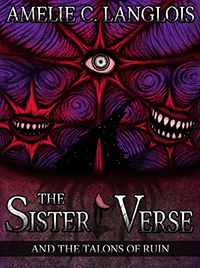 A lone figure stands upon an endless desert, their cloak blowing back in the wind. In the sky above, violet clouds swirl chaotically around three crimson stars, their texture so otherworldly that it almost appears organic. Within the highest star, a lone eye gazes intently, while inside the lower two, horrific mouths grin with a sadistic amusement. Betwixt them, the sky rips open into a black void, and within that void, an indistinct shape looms in the distance: a monolithic tower, or a road leading into the abyss.